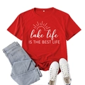 Women's red Lake Life graphic t-shirt in loose fit with casual light blue jeans - S / Red