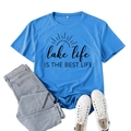 Royal blue lake life print short sleeve t-shirt paired with jeans and sneakers - S / Lake Blue