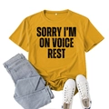 Bright yellow T-shirt with black SORRY I'M ON VOICE REST print, size XXL flat lay - S / Mustard Yellow (Black Text)