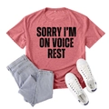 Brick red short sleeve t-shirt with 'Sorry I'm on Voice Rest' print on heather gray fabric - S / Rose Gold (Black Font)