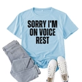 Light blue t-shirt with Sorry I'm on Voice Rest slogan paired with jeans and sneakers - S / Light Blue (Black Font)