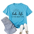 Sky blue lake life slogan t-shirt with denim jeans and white sneakers flat lay - S / Deep Water Blue