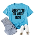 Bright blue cotton t-shirt featuring black SORRY I'M ON VOICE REST slogan print - S / Deep Water Blue (Black Font)