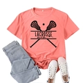 Casual coral pink Lacrosse Mom print t-shirt paired with denim jeans and sneakers - Pink (Black Print)