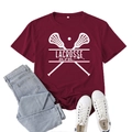 Burgundy Lacrosse Mom graphic T-shirt in soft cotton, casual loose fit round neck top - Wine Red (White Font)