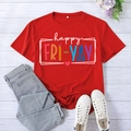 Women's red short sleeve Happy Fri-Yay t-shirt with pencil and heart graphic print - S / Red