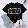 Women's black happy fri-yay printed casual t-shirt with short sleeves and round neck - S / Black