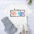White short sleeve T-shirt with happy FRI-YAY print and colorful pencil graphic - M / White