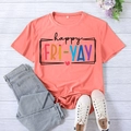 Coral orange happy FRI-YAY printed T-shirt in relaxed fit for casual summer wear - S / Pink
