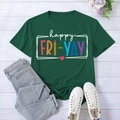 Dark green happy FRI-YAY printed t-shirt in casual crew neck style for women - S / Vintage Green