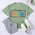 Grass green happy fri-yay print t-shirt in casual loose fit for summer wear - S / Olive Green