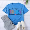 Blue Happy Fri-yay printed cotton t-shirt paired with casual jeans on wood background - S / Lake Blue