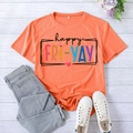 Orange Happy Fri-Yay print short sleeve t-shirt paired with light blue denim jeans - S / Orange