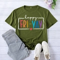 Army green Happy Fri-Yay print t-shirt in casual flat lay style for women - S / Army Green