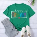 Green cotton T-shirt with Happy Fri-Yay print paired with jeans on wooden floor - S / Dark Green