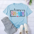 Light blue crew neck t-shirt with happy FRI-YAY print for women in casual summer style - S / Light Blue