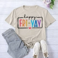 Beige loose cotton T-shirt with Happy Fri-Yay print and denim jeans flat-lay - S / Sand
