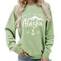 Light green crewneck sweatshirt with white Alaska mountain print for women in a loose fit - S / Olive Green (White Font) (11910)