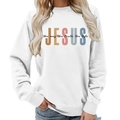 White crewneck sweatshirt with colorful JESUS print and religious typography - S / White (Black Font)