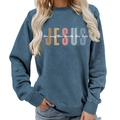 Fog blue long sleeve crewneck sweatshirt with Jesus the way the truth the life print - S / Grey Blue (White Font)