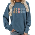 Blue-grey crewneck sweatshirt featuring Jesus letter print and long sleeves for women - S / Grey Blue (Black Text)
