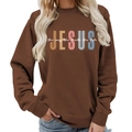 Dark brown crewneck sweatshirt featuring colorful Jesus print design for women - S / Coffee (White Font)