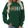 Dark green crewneck sweatshirt featuring a JESUS print for women in a casual style - S / Dark Green (White Font)