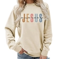 Beige crew neck sweatshirt featuring JESUS printing and ribbed cuffs in a soft cotton blend - S / Apricot (Black Font)