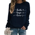 Women's navy crewneck sweatshirt featuring white faith hope love printed graphic design - L / Navy Blue (White Text)