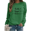 Dark green crew neck sweatshirt for women with faith hope love heart print and long sleeves - S / Grass Green (Black Text)
