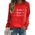 Red crewneck sweatshirt with white Faith Hope Love print and heart graphics - S / Red (White Font)