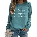Women's crewneck long sleeve sweatshirt in sage green with faith hope love print - S / Blue-Grey (White Font)