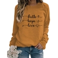 Women's yellow crew neck sweatshirt featuring faith hope love graphic print and long sleeves - S / Ginger (Black Print)