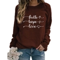 Dark coffee crewneck sweatshirt with white faith hope love graphic and heart design - S / Coffee (White Font)