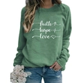 Women's forest green crewneck sweatshirt with white faith hope love graphic print - S / Light Green (White Text)