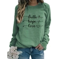 Sage green crewneck sweatshirt with black faith hope love print for women - S / Light Green (Black Text)