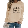 Women's apricot long sleeve sweatshirt with faith hope love print and graphic symbols - S / Khaki (Apricot) (Black Text)