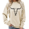 Women's cream crew neck long sleeve sweatshirt featuring a black bull skull graphic - S / Khaki/Apricot (Black Font)