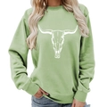 Avocado green crewneck sweatshirt featuring a white western bull skull graphic print - S / Olive Green (Black Font)