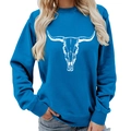Blue long-sleeve sweatshirt with western cow skull print and ribbed crewneck design - 2XL / Blue (White Font)