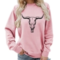Pink crewneck sweatshirt for women featuring a black bull skull print in retro western style - S / Pink (Black Text)