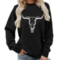 Women's black crewneck sweatshirt featuring white bull skull graphic and long sleeves - S / Black (White Font)