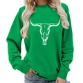 Emerald green crewneck sweatshirt with white longhorn skull print in a western casual style - S / Green (White Font)