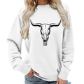 White crewneck sweatshirt with black bull skull graphic for women western boho style - S / White (Black Font)