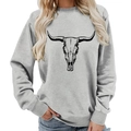 Grey crewneck sweatshirt featuring a black longhorn bull skull print for women - S / Grey (Black Font)