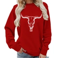 Red crewneck sweatshirt featuring a white longhorn skull print and ribbed cuffs - S / Red (White Font)