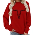 Red crewneck sweatshirt featuring a black bull skull graphic print and ribbed cuffs - S / Red (Black Font)