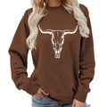 Dark brown long sleeve crewneck sweatshirt featuring a white western bull skull print - S / Coffee (White Font)