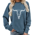 Blue crewneck sweatshirt with white bull skull graphic print and ribbed cuffs - S / Grey Blue (White Font)