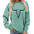 Women's crewneck long sleeve sweatshirt in mint green featuring black bull skull print - S / Light Green (Black Text)